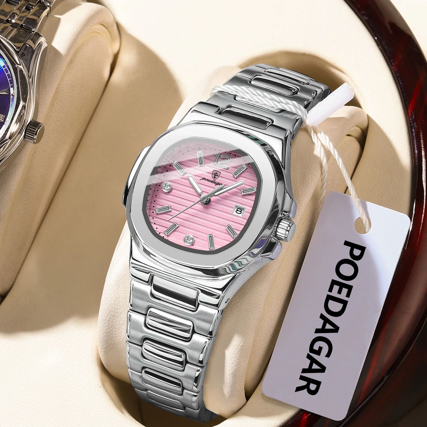 Luxury Watch Deals - นาฬิกาข้อมือผู้หญิง POEDAGAR สี่เหลี่ยมแฟชั่น เรืองแสง กันน้ำ แสดงวันที่