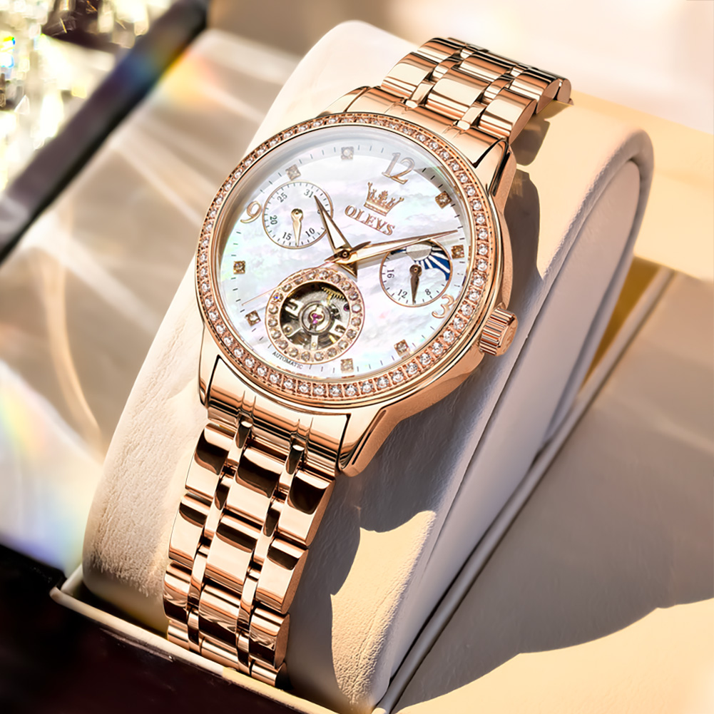 Luxury Watch Gift Box - OLEVS นาฬิกาผู้หญิงแบรนด์ชั้นนำหรูหราแฟชั่นเหล็กอย่างดีต้นฉบับนาฬิกาข้อมือกลไกอัตโนมัติสร้อยคอสร้อยข้อมือกล่องของขวัญ